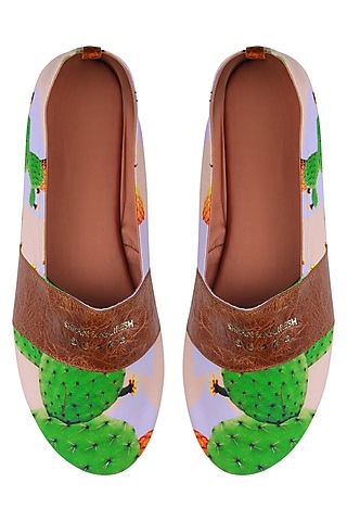White, Green and Brown Cactii Printed Espadrilles by Shivan & Narresh