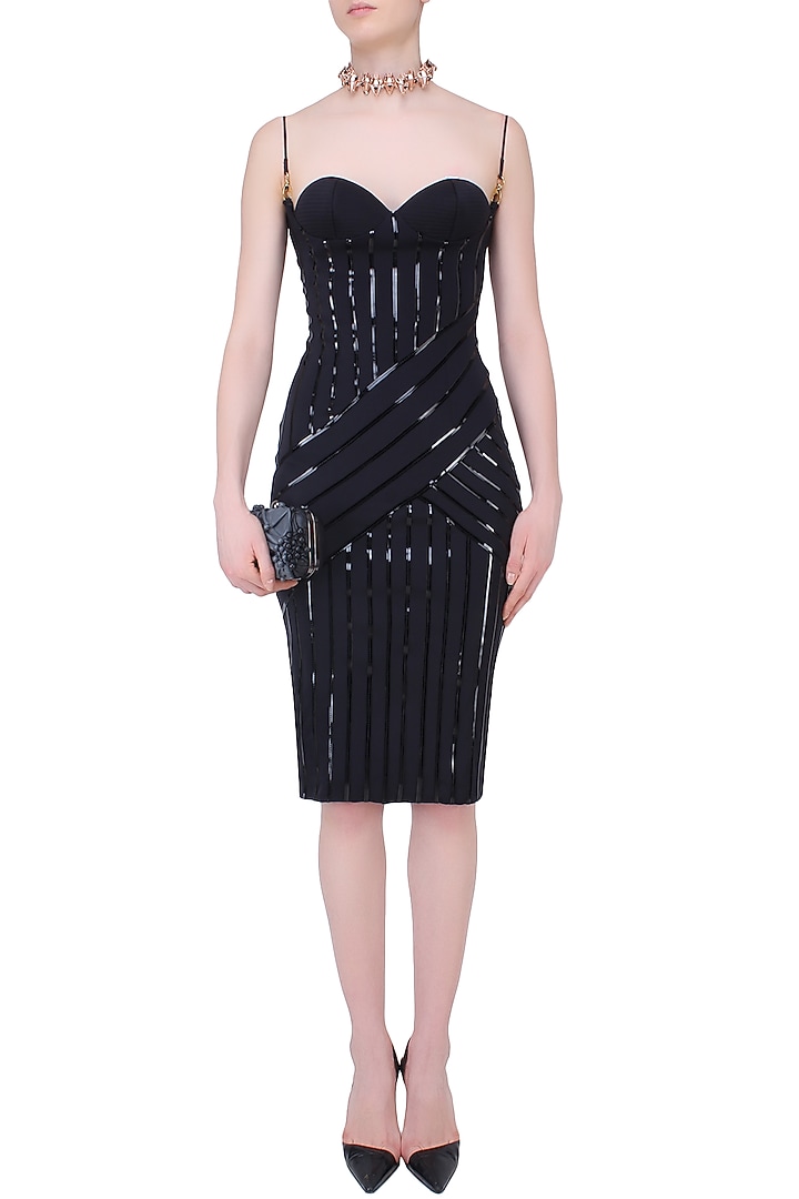 Black leather lines work sculpted neck little dress available only at Pernia's Pop Up Shop.