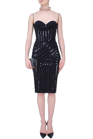 Black Leather Lines Work Sculpted Neck Little Dress by Shivan & Narresh