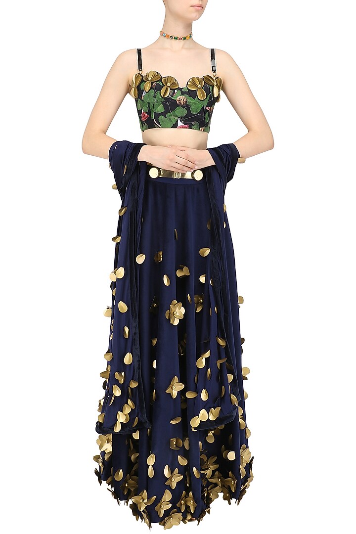 Blue sapphire bloom skein work lehenga set available only at Pernia's Pop Up Shop.