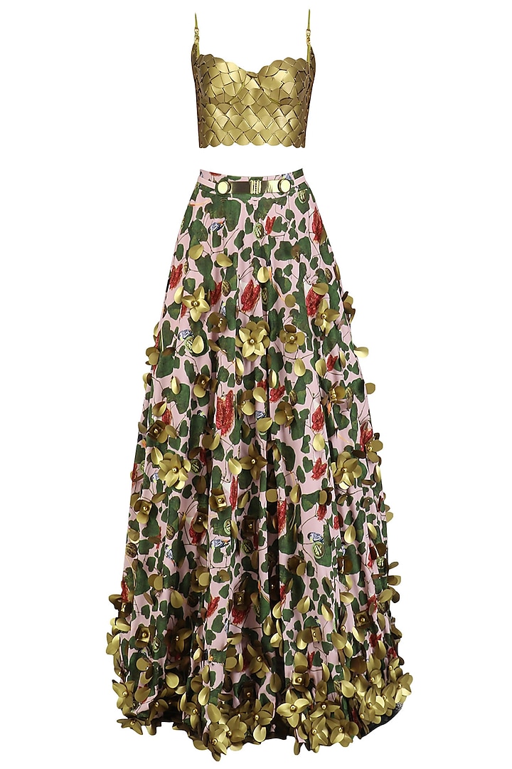 Rose Acrot Print Bloom Skein Work Circular Skirt and Gold Bustier by Shivan & Narresh