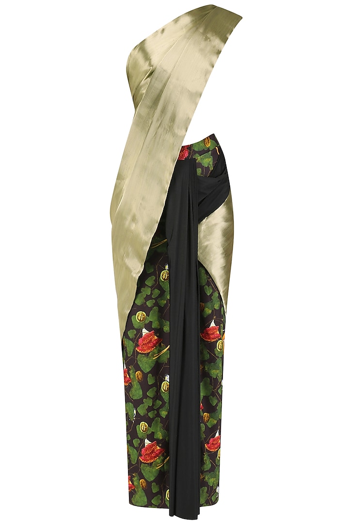 Black and Gold Acrot Print Saree with Acrot Print Blouse by Shivan & Narresh