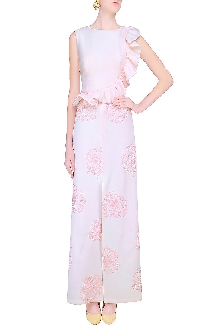 Blush pink sequins floral work ruffled maxi gown available only at Pernia's Pop Up Shop.
