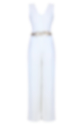Separmint and pastel blue leaves embroidered jumpsuit available only at Pernia's Pop Up Shop.