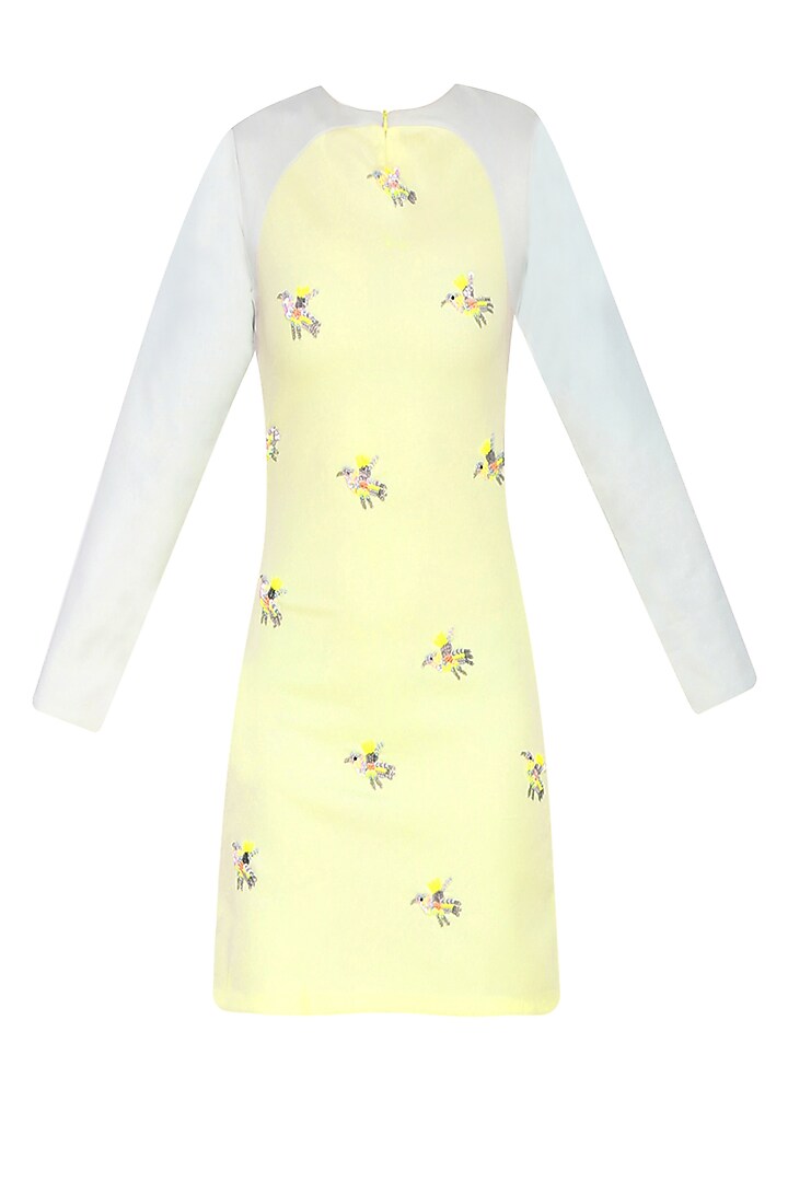 Lemon Yellow Embroidered Bird Motifs Shift Dress by Shainah Dinani