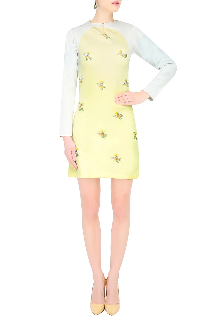 Lemon yellow embroidered bird motifs shift dress available only at Pernia's Pop Up Shop.