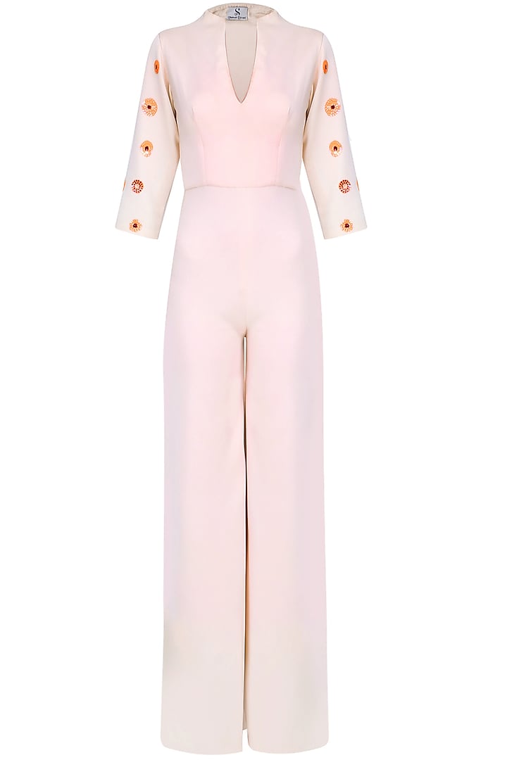 Peach Sequins Embellished Wide Legged Jumpsuit by Shainah Dinani