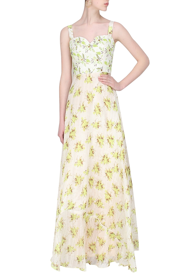 Beige floral corset embellished gown available only at Pernia's Pop Up Shop.