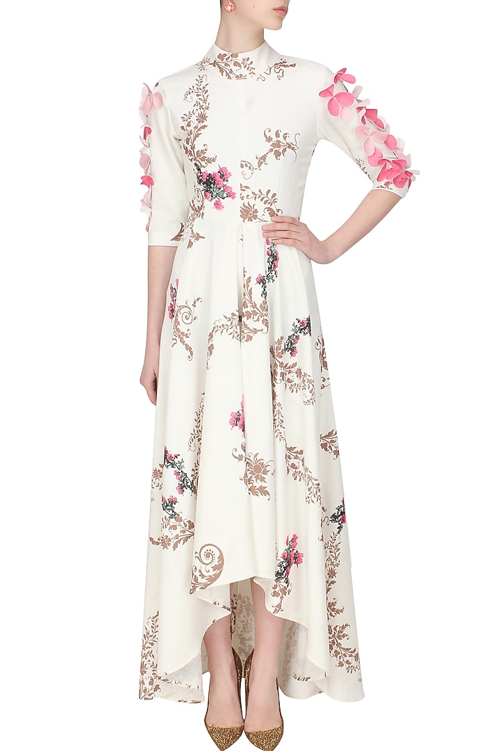 White 3D hand painted asymmetric long dress available only at Pernia's Pop Up Shop.