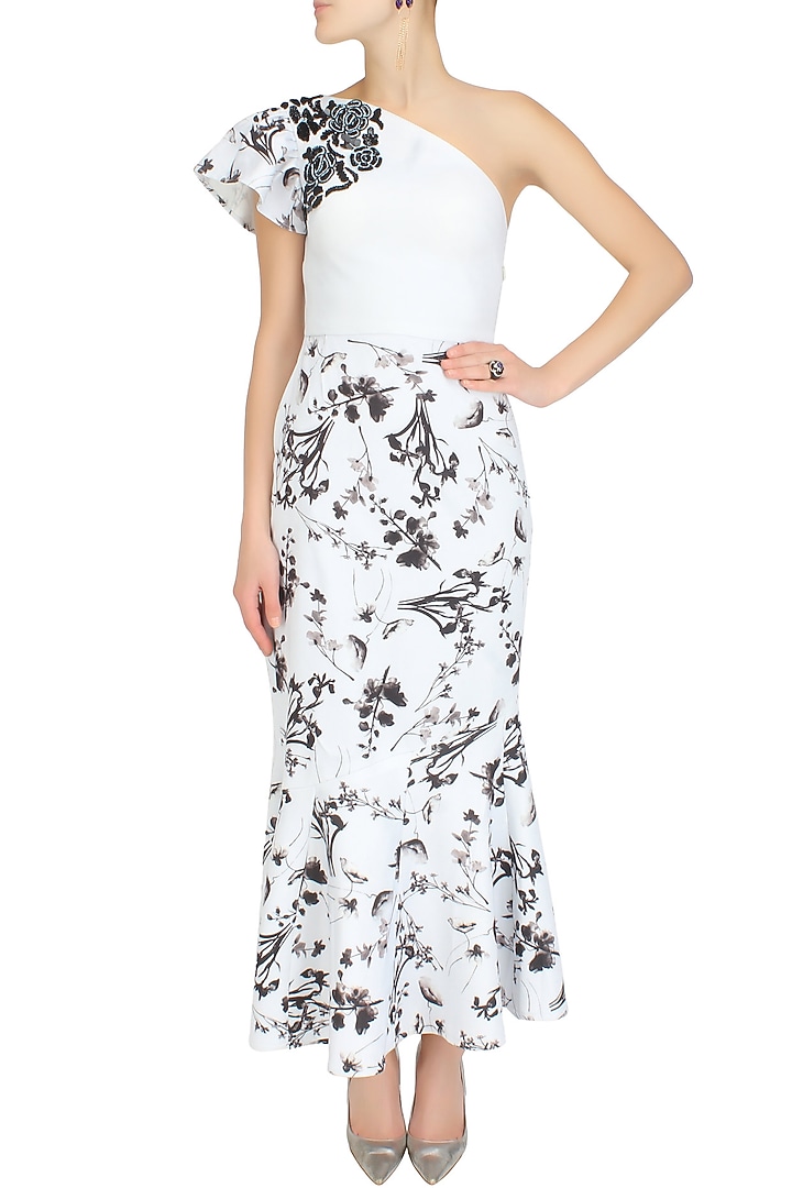 Icy blue digital floral print and beads embroidered one shoulder gown available only at Pernia's Pop Up Shop.