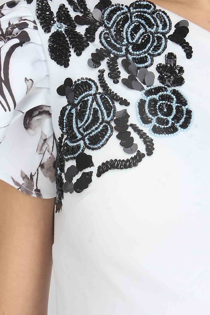 Icy blue digital floral print and beads embroidered one shoulder gown available only at Pernia's Pop Up Shop.