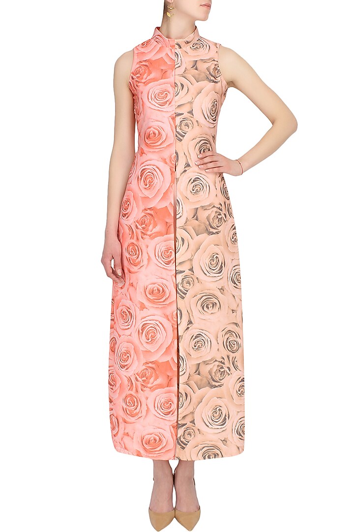 Solid peach and soothing red rose print cape and trouser pants set available only at Pernia's Pop Up Shop.