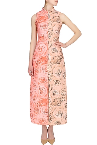 Solid peach and soothing red rose print cape and trouser pants set by Shainah Dinani