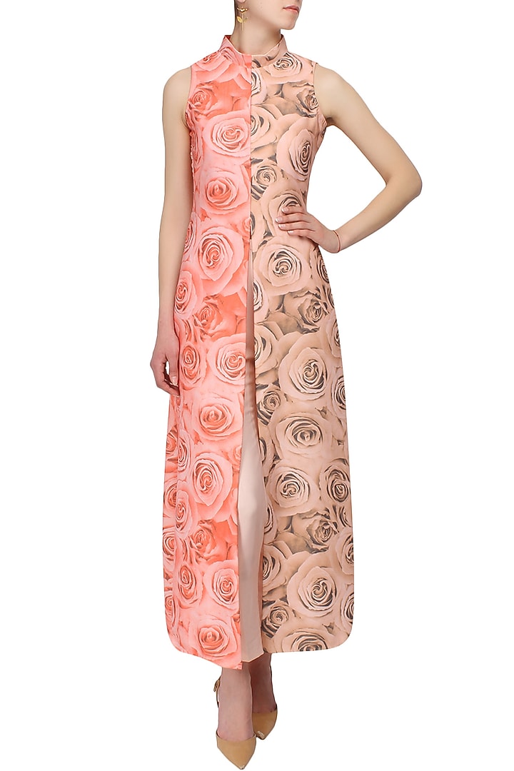 Solid peach and soothing red rose print cape and trouser pants set available only at Pernia's Pop Up Shop.