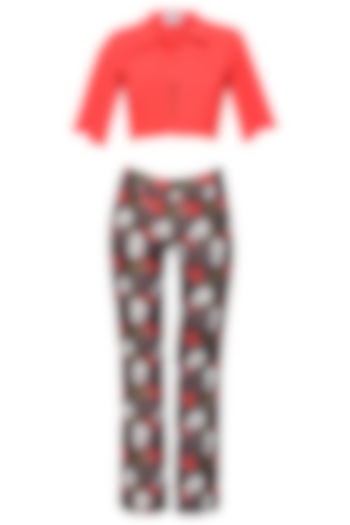 Crimson red cape overlayered top and grey leaves printed trouser pants set by Shainah Dinani