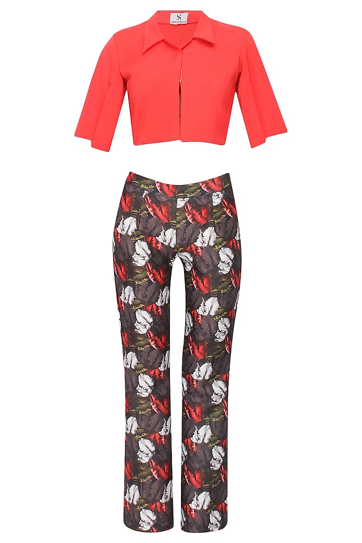 Crimson red cape overlayered top and grey leaves printed trouser pants set by Shainah Dinani