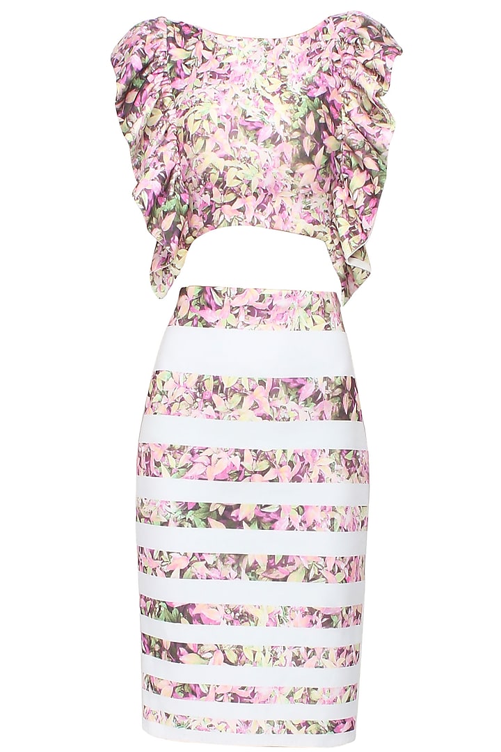 Lavender pink and green auntum leaves printed crop top and skirt set by Shainah Dinani