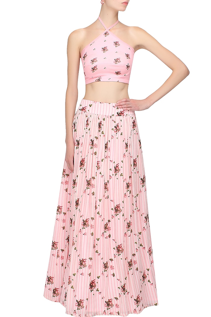 Pink floral printed halter neck crop top and flared skirt set available only at Pernia's Pop Up Shop.