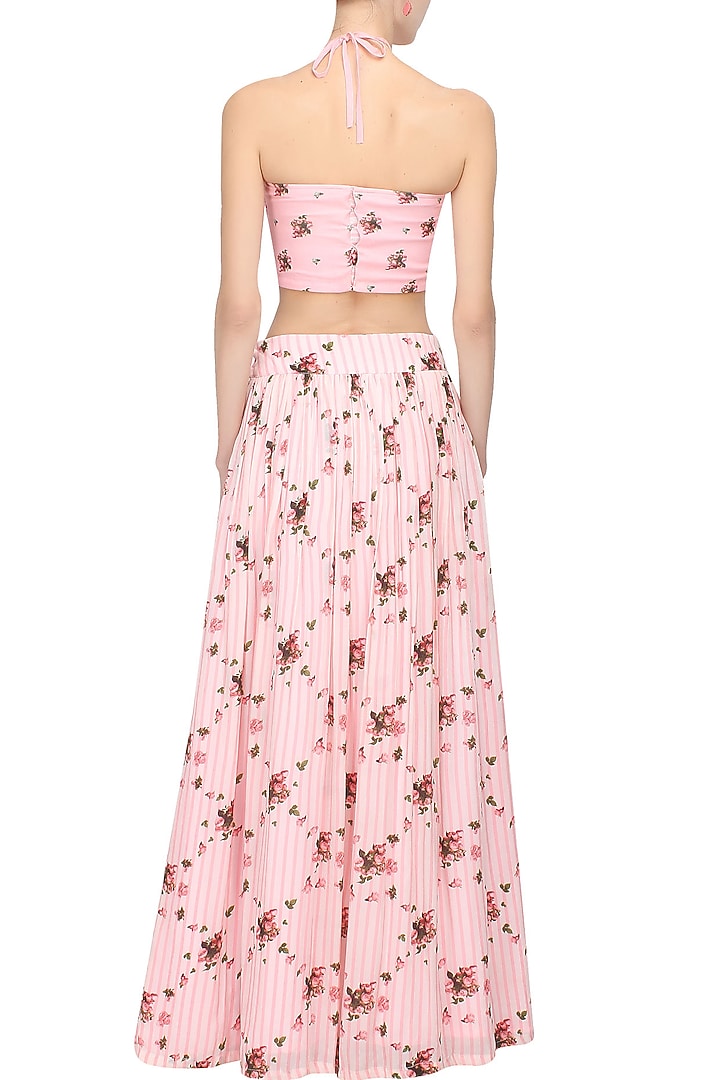Pink floral printed halter neck crop top and flared skirt set available only at Pernia's Pop Up Shop.