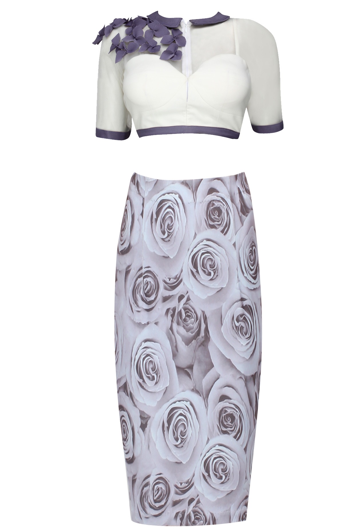 White corset jacket top with grey 3D rose print skirt available only at Pernia s Pop Up Shop. 2024