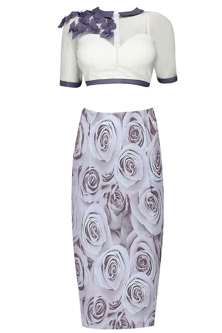 White corset jacket top with grey 3D rose print skirt by Shainah Dinani