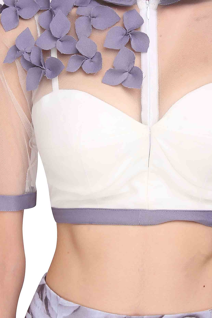 White corset jacket top with grey 3D rose print skirt available only at Pernia's Pop Up Shop.