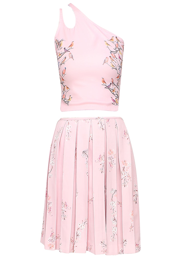 Light lavender pink bird print cutout crop top and floral skirt set by Shainah Dinani