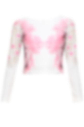 Off white floral embroidered boat neck top by Shainah Dinani