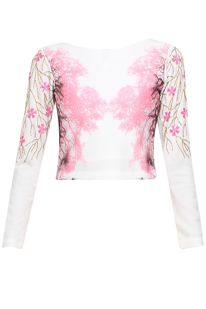 Off white floral embroidered boat neck top by Shainah Dinani