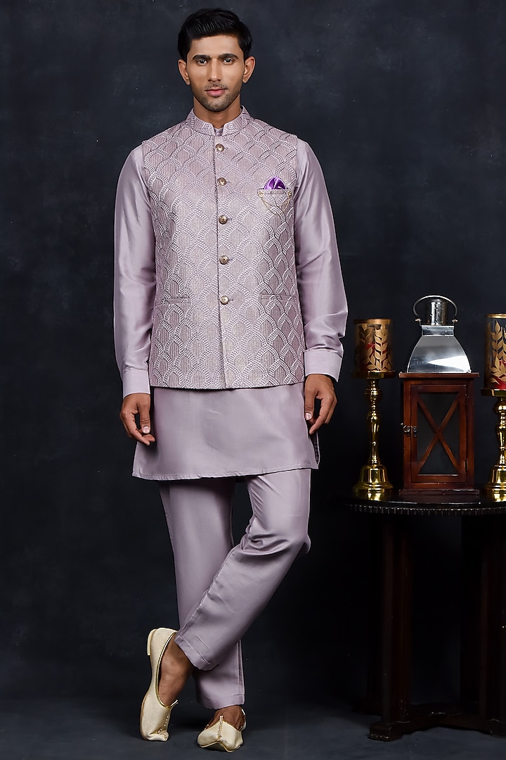 Purple Silk Thread Embroidered Bundi Jacket Set by Soniya G Men