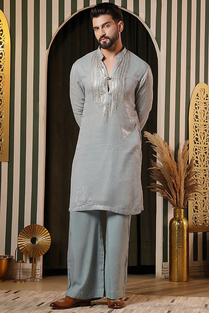 Sky Blue Sequins Embroidered Kurta Set by Soniya G Men at Pernia's Pop Up Shop