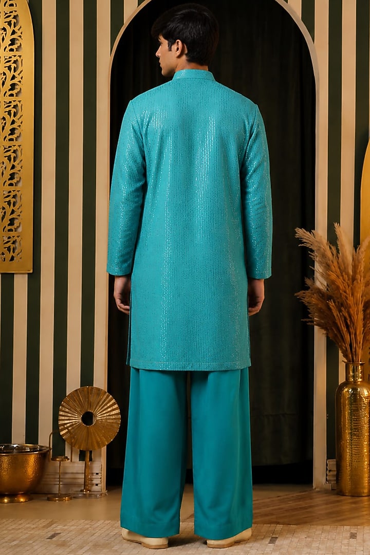 Turquoise Georgette Hand Embroidered Kurta Set For Boys by Soniya G KIDS at Pernia's Pop Up Shop