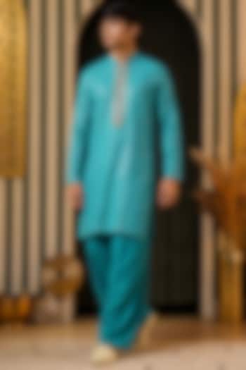Turquoise Georgette Hand Embroidered Kurta Set For Boys by Soniya G KIDS at Pernia's Pop Up Shop