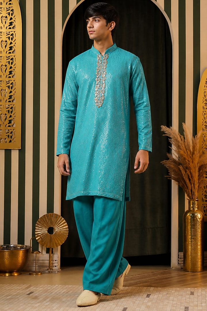 Turquoise Georgette Hand Embroidered Kurta Set For Boys by Soniya G KIDS at Pernia's Pop Up Shop