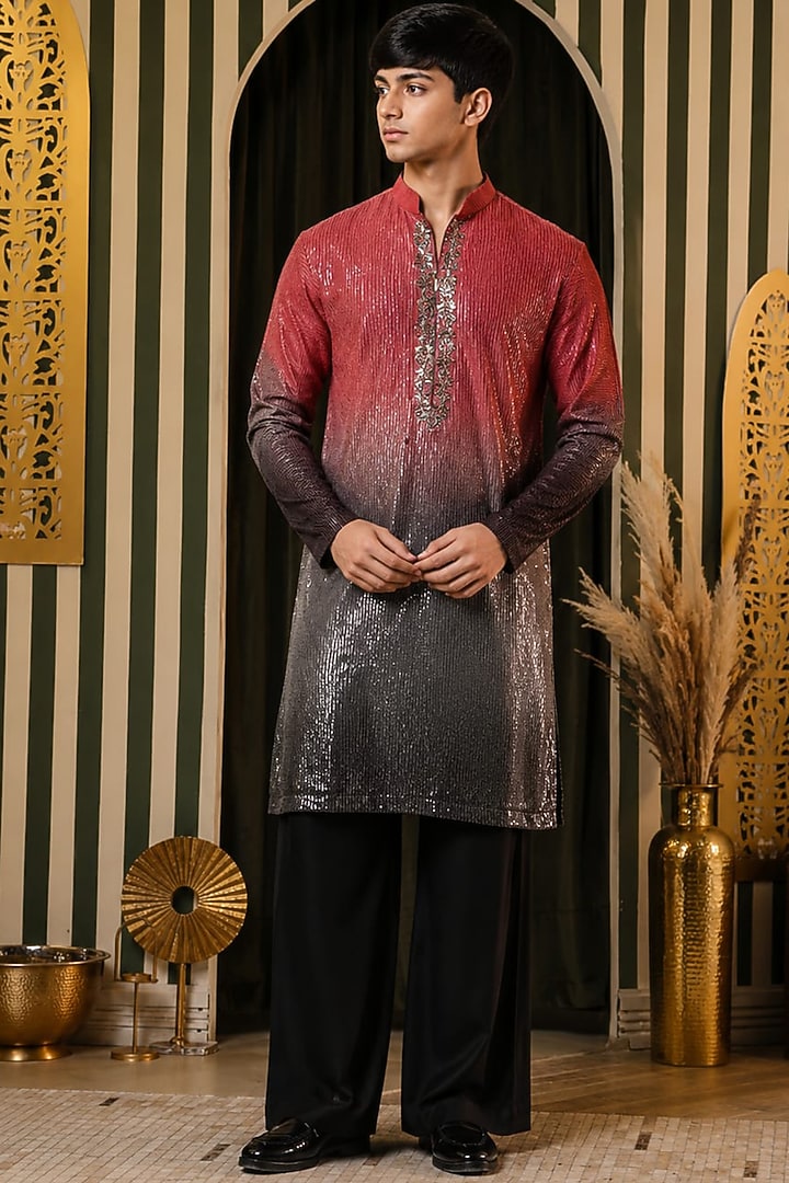Crimson-Charcoal Georgette Embellished Kurta Set For Boys by Soniya G KIDS at Pernia's Pop Up Shop