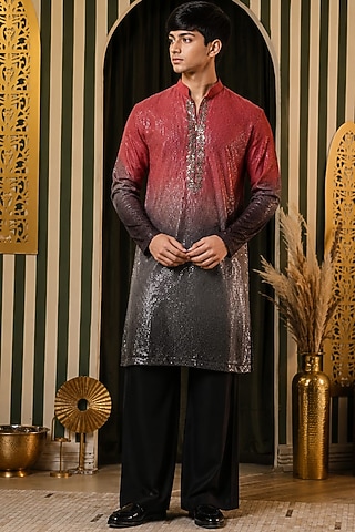 Crimson-Charcoal Georgette Embellished Kurta Set For Boys by Soniya G KIDS