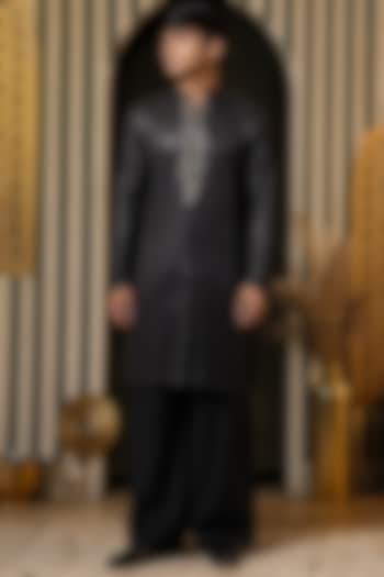 Charcoal-Black Georgette Mirror Work Kurta Set For Boys by Soniya G KIDS at Pernia's Pop Up Shop