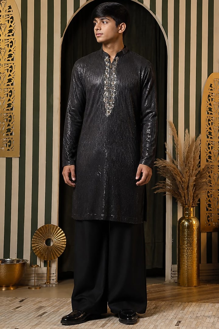 Charcoal-Black Georgette Mirror Work Kurta Set For Boys by Soniya G KIDS at Pernia's Pop Up Shop
