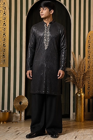 Charcoal-Black Georgette Mirror Work Kurta Set For Boys by Soniya G KIDS