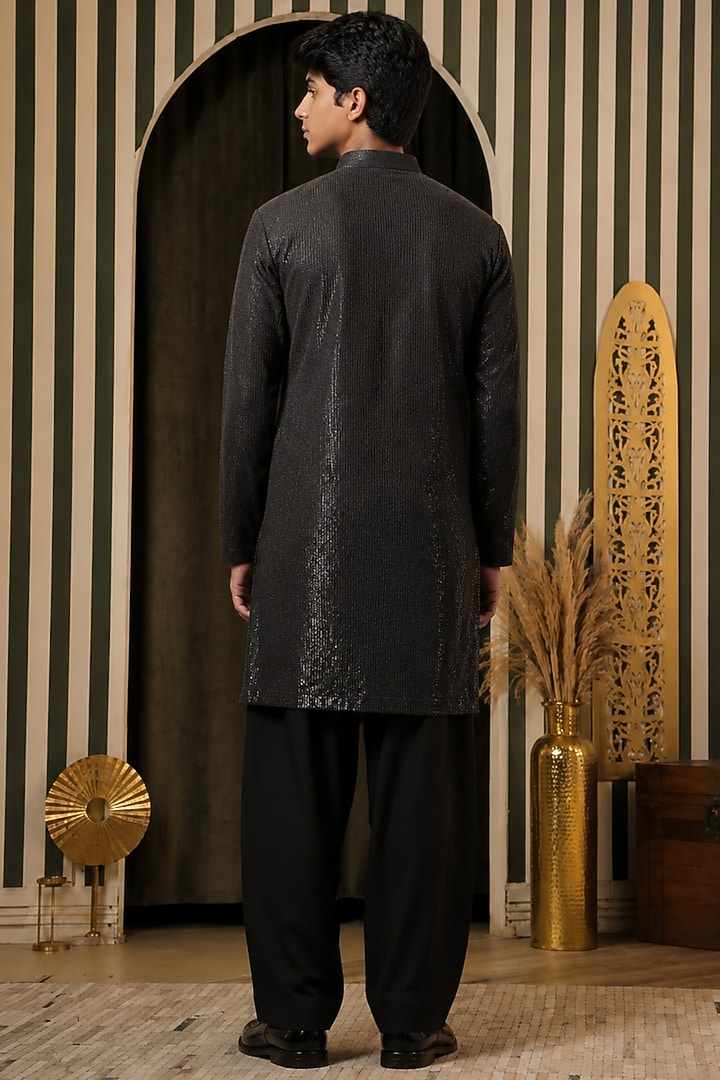 Charcoal-Black Georgette Mirror Work Kurta Set For Boys by Soniya G KIDS at Pernia's Pop Up Shop