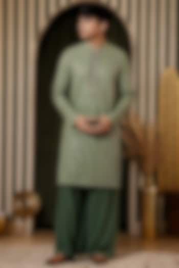 Green Georgette Embroidered Kurta Set For Boys by Soniya G KIDS at Pernia's Pop Up Shop