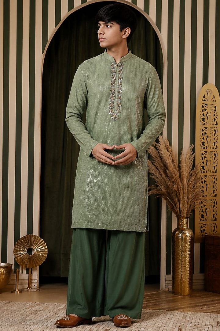 Green Georgette Embroidered Kurta Set For Boys by Soniya G KIDS at Pernia's Pop Up Shop