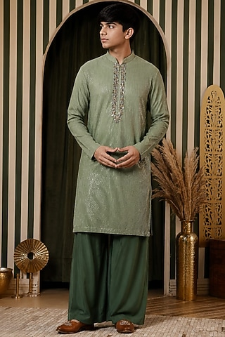 Green Georgette Embroidered Kurta Set For Boys by Soniya G KIDS