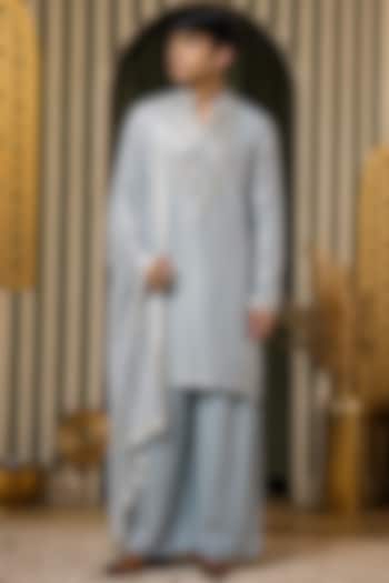 Ice Blue Sequins Georgette Mirror Work Kurta Set For Boys by Soniya G KIDS at Pernia's Pop Up Shop