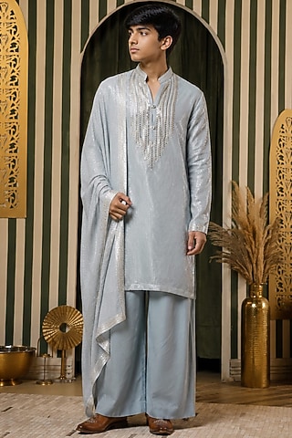 Ice Blue Sequins Georgette Mirror Work Kurta Set For Boys by Soniya G KIDS