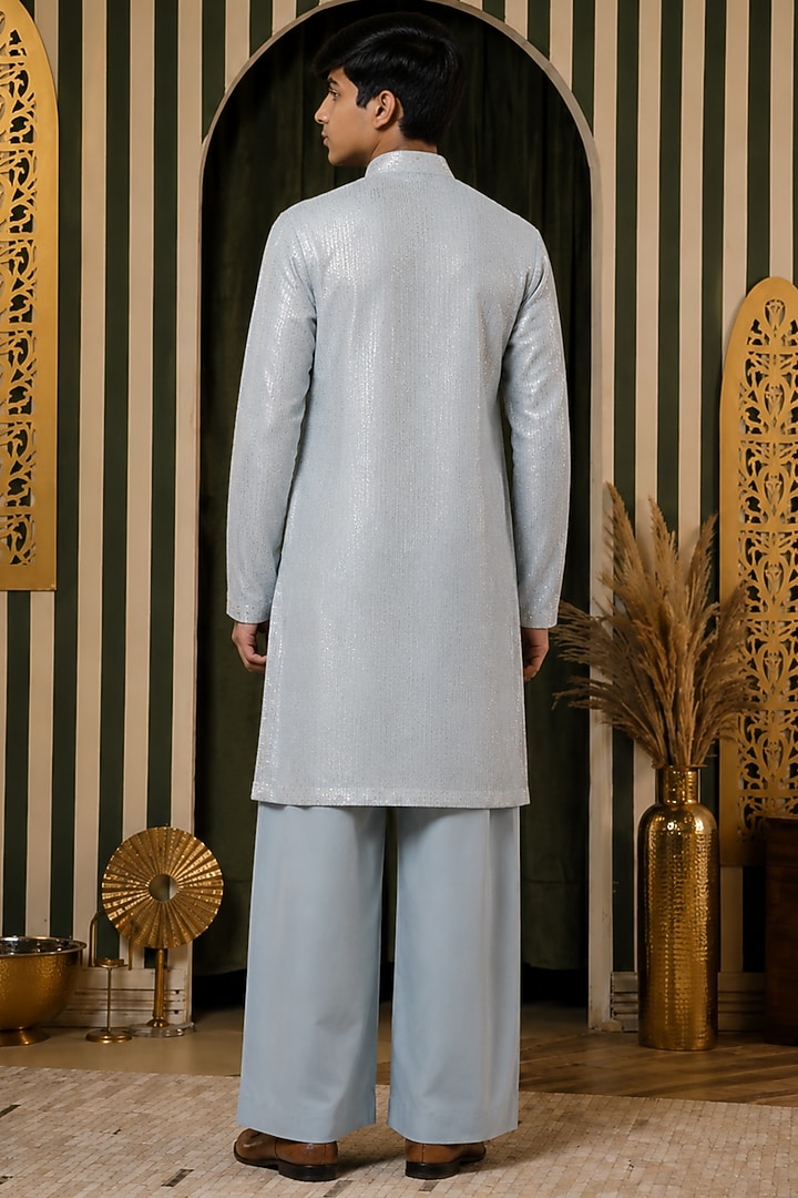 Ice Blue Sequins Georgette Mirror Work Kurta Set For Boys by Soniya G KIDS at Pernia's Pop Up Shop