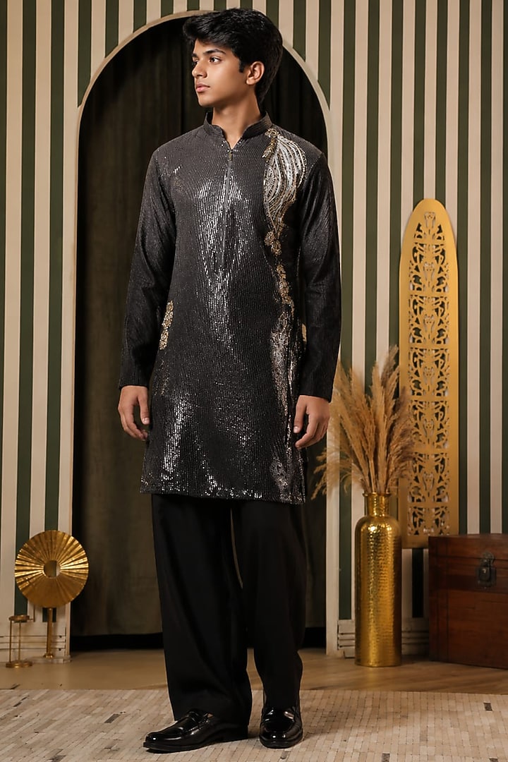 Midnight Black Georgette Embroidered Kurta Set For Boys by Soniya G KIDS at Pernia's Pop Up Shop