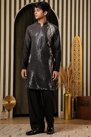 Midnight Black Georgette Embroidered Kurta Set For Boys by Soniya G KIDS