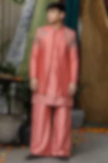 Pink Handloom Silk Floral Embroidered Long Jacket Set For Boys by Soniya G KIDS at Pernia's Pop Up Shop