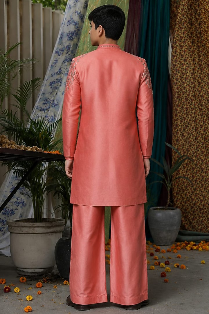 Pink Handloom Silk Floral Embroidered Long Jacket Set For Boys by Soniya G KIDS at Pernia's Pop Up Shop